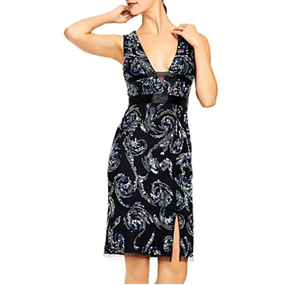 Aidan Mattox Beaded Deep V-Neck Midi Sheath Sparkly Cocktail Dress Black Size 8